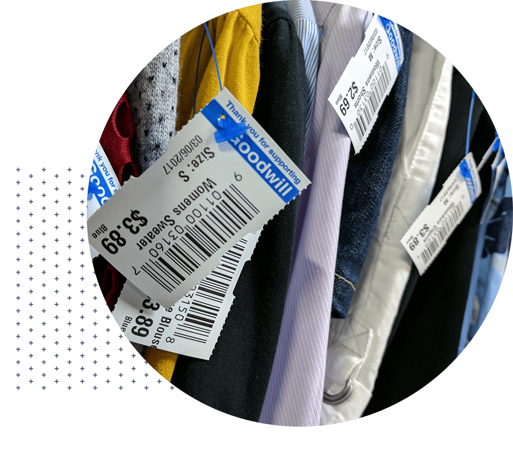 image of clothes hanging on a rack with close up of price tags